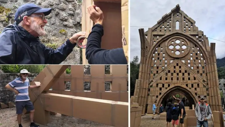Will took part in the construction of the cathedral's cardboard facade